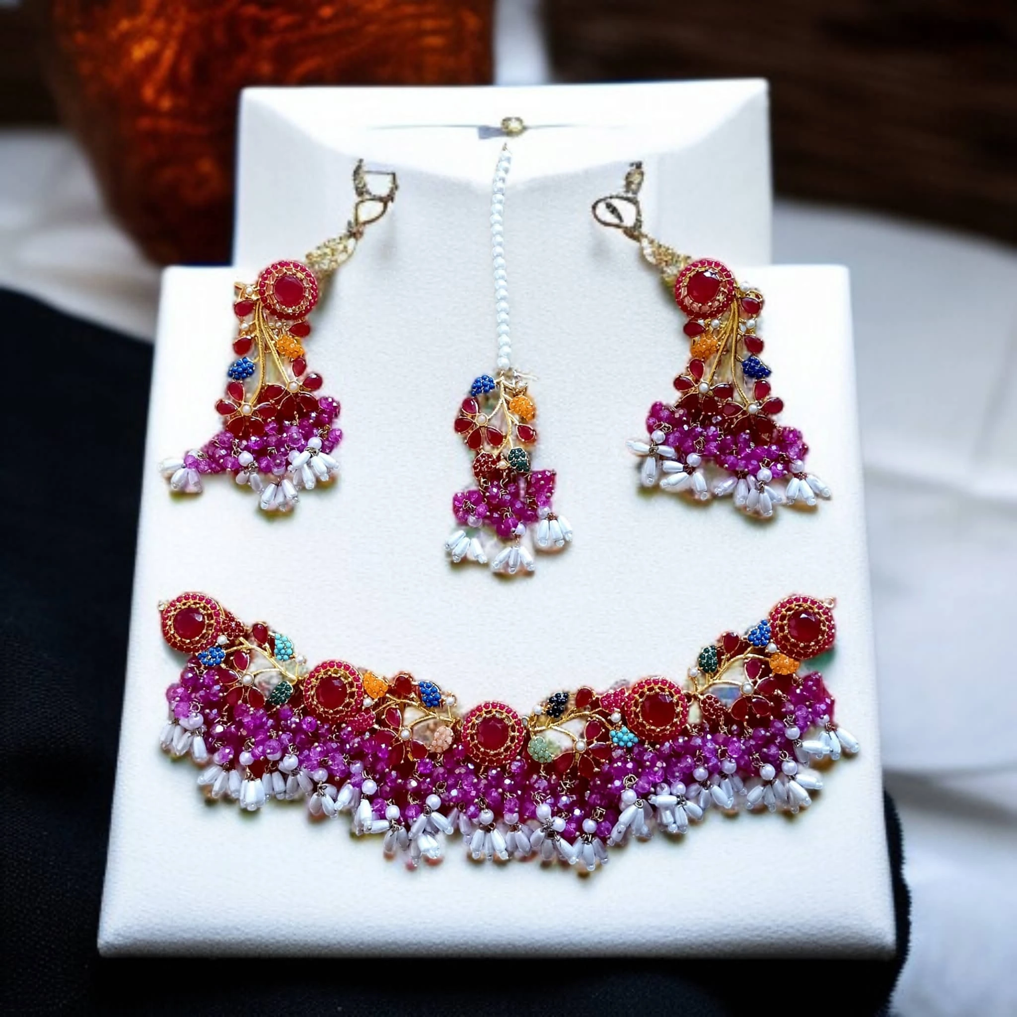 Buy multi colour jewellery set with necklace , earrings and tikka at best price in pakistan